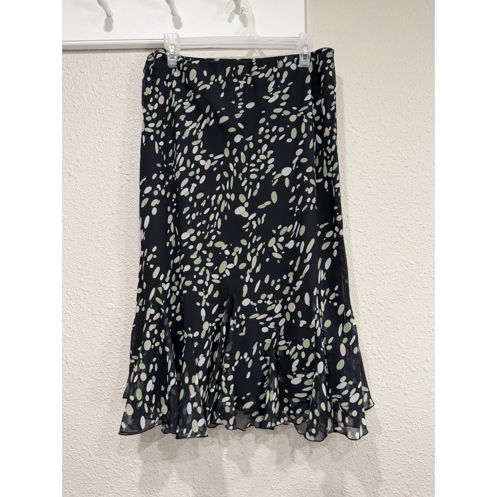 East 5th Chiffon Midi Skirt 12 Black Green Abstract Dot Ruffle Hem Whimsigoth